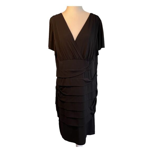 EnFocus Tired Cocktail Dress Black Faux Wrap Empire Waist Midi 16W - Picture 1 of 6